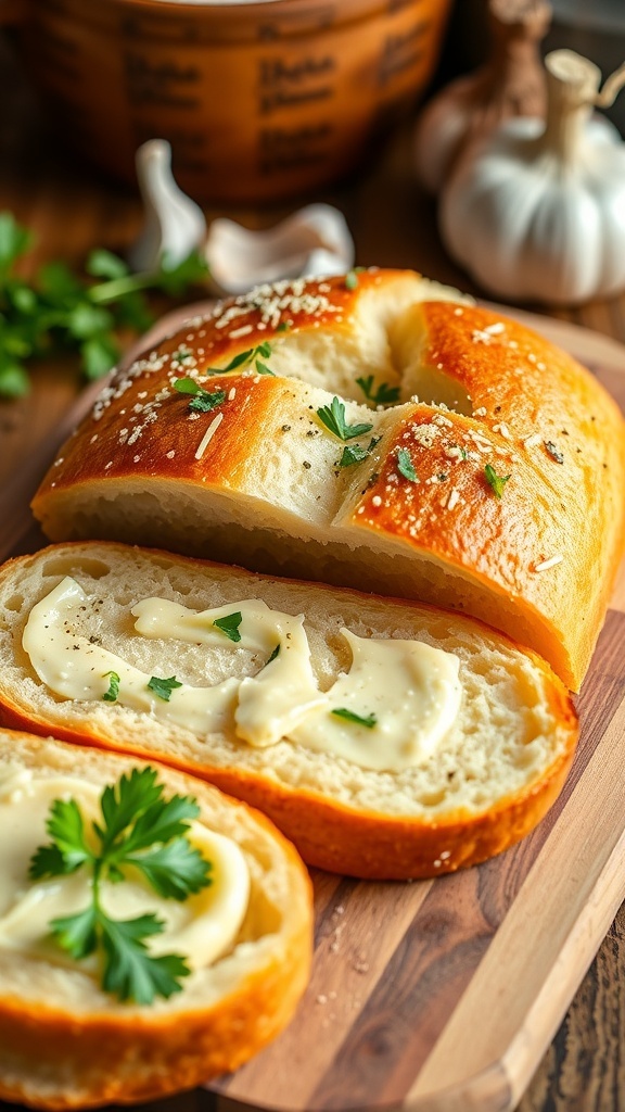 Domino Toasted garlic bread with garlic butter and parsley on a wooden cutting board.